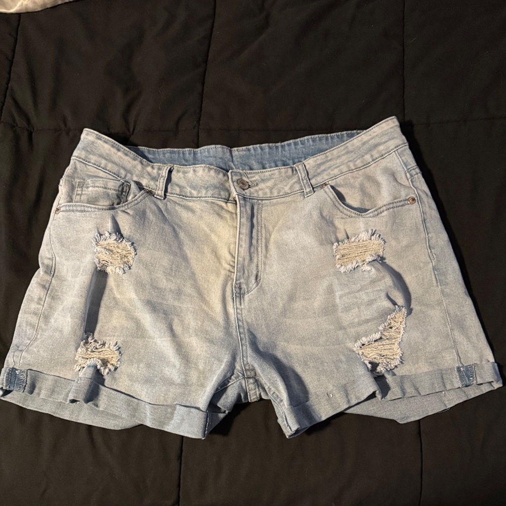 Distressed Light Blue Denim Shorts